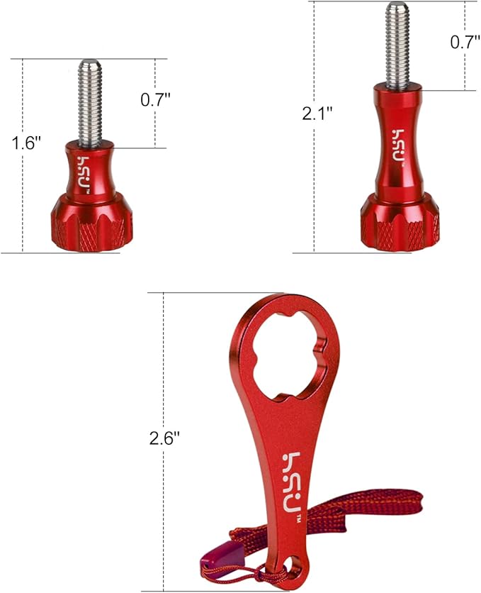 HSU Aluminum Thumbscrew Set + Wrench for Gopro Hero 13, 12, 11, 10, 9, 8, 7, 6, 5, 4, 3, AKASO Campark and Other Action Cameras (3pcs, Red)