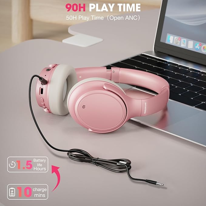INFURTURE H1 Plus Doubly Fed Hybrid Active Noise Cancelling Headphones with EQ Mode，Wireless Over Ear Bluetooth Headphones with 4 Microphone, 90H Playtime,Lightweight for Home Travel Office(Pink)