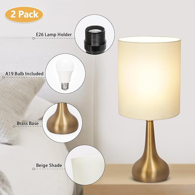 Set of 2 Bedside Touch Lamps, 16 Inch Dimmable Small Nightstand Lamp, Night Light Lamp Simple Touch Table Lamp with Brass Metal Base for Living Room Bedroom Office, A19 3000K Led Bulb Included