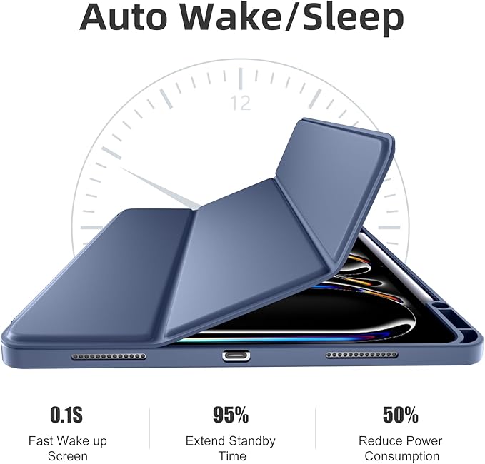 Compatible with iPad Pro 13 Inch Case M5 2025/ M4 2024, Soft TPU Back Cover for iPad 13 Pro Case, with Pencil Pro & (USB-C) Holder, Trifold Stand, Auto Wake/Sleep, Blue Gray