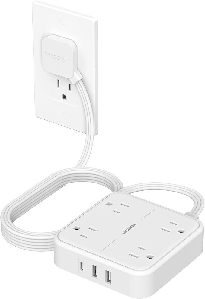 TESSAN Surge Protector Flat Extension Cord 10Ft, Flat Plug Power Strip with 4 Outlets 3 USB Ports (1 USB C), 900 Joules Protection, Multiple Wall Outlet Extender Suitable for Home Office Dorm, White