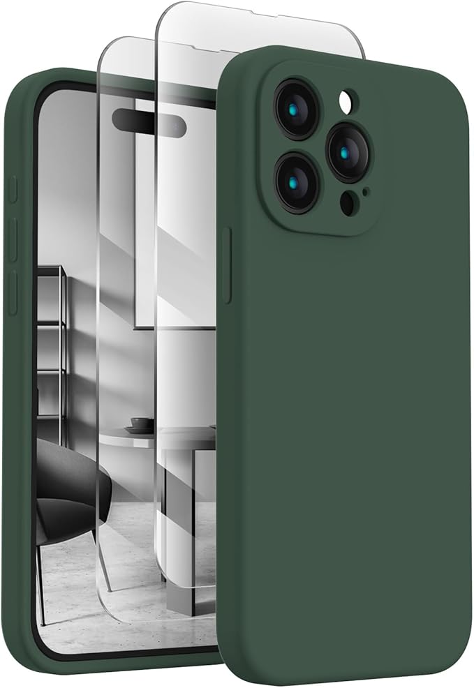 FireNova Designed for iPhone 15 Pro Max Case, Silicone Upgraded [Camera Protection] Phone Case with [2 Screen Protectors], Soft Anti-Scratch Microfiber Lining Inside, 6.7 inch, Alpine Green