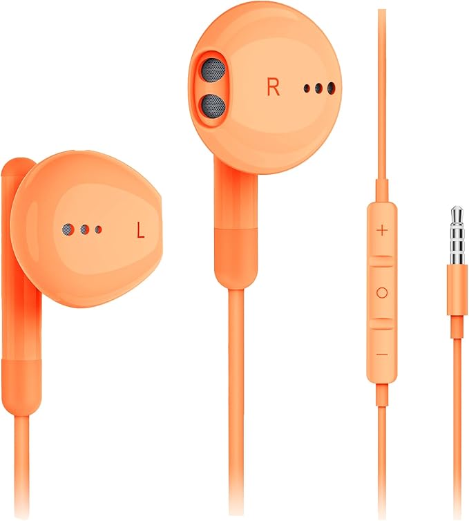 Kimwood Wired Earbuds with Microphone, Wired Earphones in-Ear Headphones HiFi Stereo, Powerful Bass and Crystal Clear Audio, Compatible with iPhone, Android, Computer Most with 3.5mm Jack(Orange)