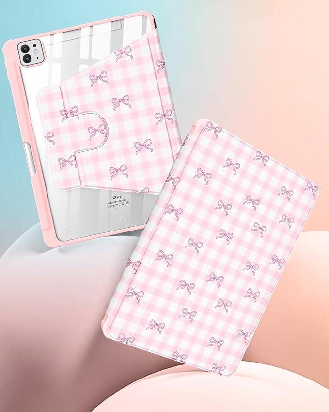Uppuppy for iPad Pro M4/M5 Case 13 inch - 360 Degree Rotating Stand Folio Smart Cover with Pencil Holder for Women Girls, Pink Bow Checkered for iPad Pro 13 inch Case 2024 M4/2025 M5