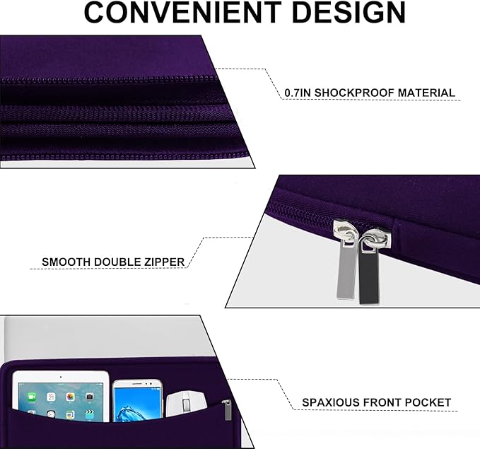 Laptop Sleeve Case 15.6 inch, Shockproof Protective Laptop Cover Carrying Computer Bag with Accessory Pocket Portable Computer Sleeve Compatible with HP, Dell, Lenovo, Asus, Dark Purple