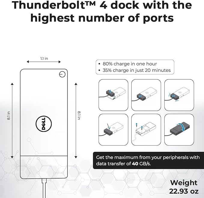 Dell WD22TB4 Thunderbolt 4 Dock Bundle - 40Gbps USB-C/USB-A, 1 Year Warranty with 180W Adapter, Anyhdd HDMI, DP, USB-C Cable & Cloth - Docking Station, Supports Dual/Triple Monitors & 4k Display