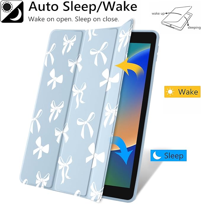JOYLAND White Bow Pattern Case for iPad Air 13-inch (M3) 2025/ (M2) 2024, Clear Acrylic Hard Back Blue Case with Pencil Holder Trifold Stand Tablet Cover for Girls Women