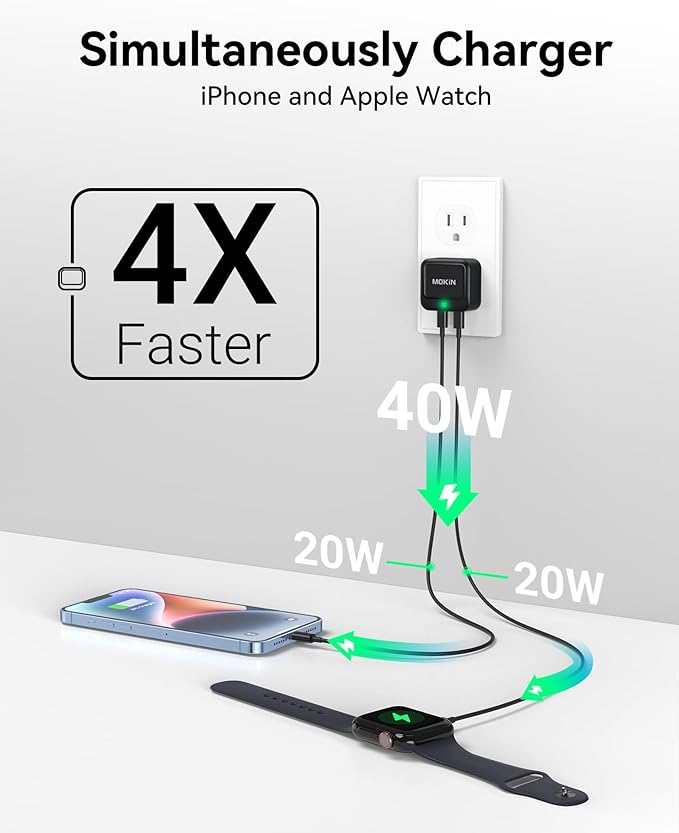 USB C Charger Block 40W, Dual Port Type C Fast Charging Block GaN+ PD Power Adapter with Foldable Plug USB C Wall Charger Cube for iPhone 17/17 Air/16/16 Pro/16 Plus/16 Pro Max/15, Samsung
