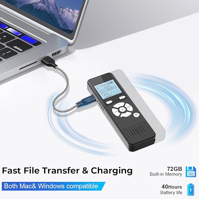 Digital Voice Activated Recorder with Playback - 72GB Audio Recording Device with 5300 Hours Recording Time - Sound Tape Recorder Listening Devices for Lecture with USB Microphone Password