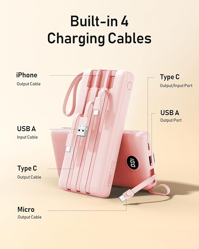 VEEKTOMX Portable Charger Built-in Cables, Power Bank for iPhone, Fast Charge USB C Battery Pack Travel Essentials Powerbank Compatible with iPhone 17/16/15/14, Samsung S25/24