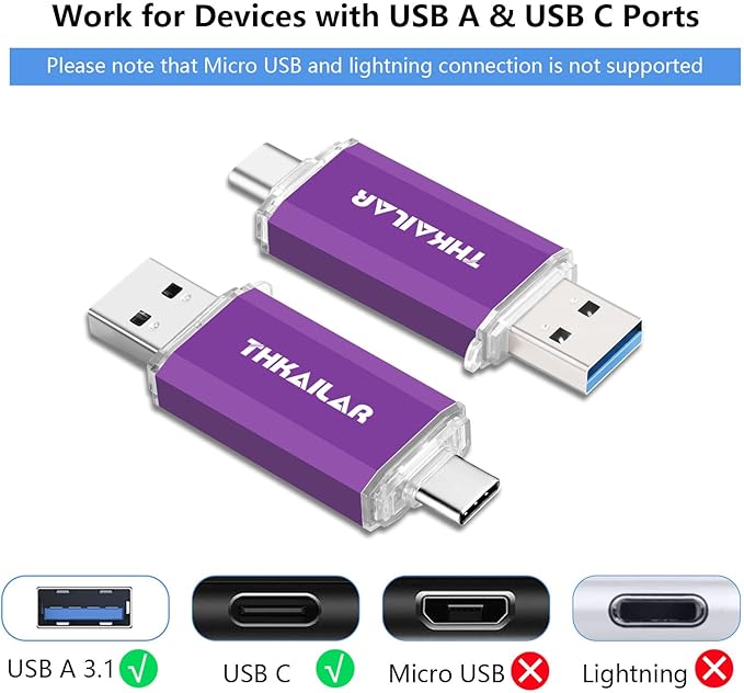 Thkailar 128GB USB C Drive, 120MB/s Fast USB 3.0 Thumb Drive for iPhone 15, MacBook, Android & PC, Dual Connector Type-C Flash Drive