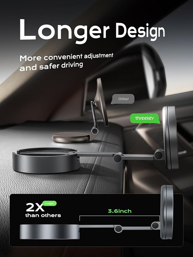 THREEKEY Qi2 Certified MagSafe Car Mount Charger Lite,Car Wireless Charger,15W Magnetic Charger Fast Charging,Retractable Phone Holder with 360°Rotation,Car Mount for iPhone17-12&Galaxy S25 Ultra
