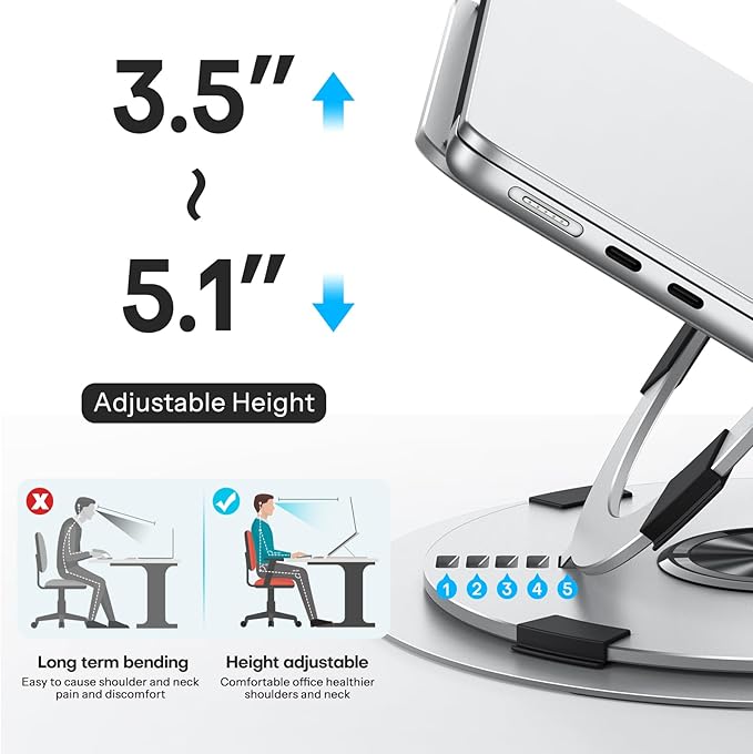 OMOTON Portable Laptop Stand for Desk, Ergonomic Computer Stand with 360° Rotating Base, 5-Level Adjustable Aluminum Foldable Mount, Compatible for 10-15.6" Laptops