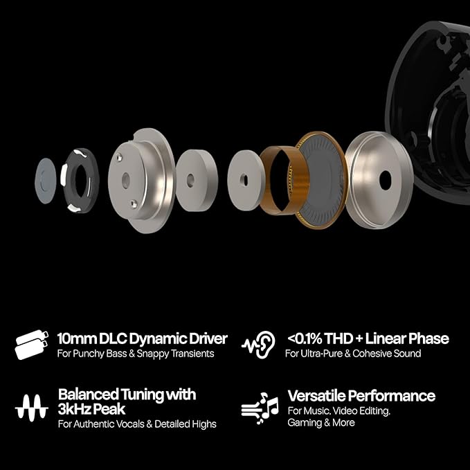 Linsoul Kiwi Ears Belle 10mm DLC Dynamic Driver in-Ear Monitor, HiFi Wired Earbuds with Dual Silver-Plated Cables, Professional IEM for Stage Performance/Gaming/Music Production (Without MIC, Black)