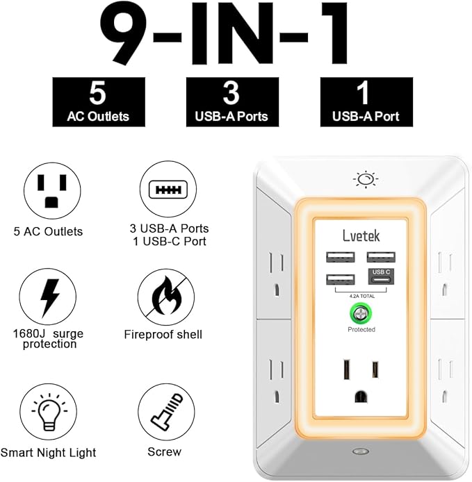 Multi Plug Outlet Surge Protector - Lvetek 3-Sided Power Strip with 5 Outlet Extender and 4 USB Ports(1 USB-C) and Night Light, USB Wall Charger for Home, Office, Travel, ETL Listed, White