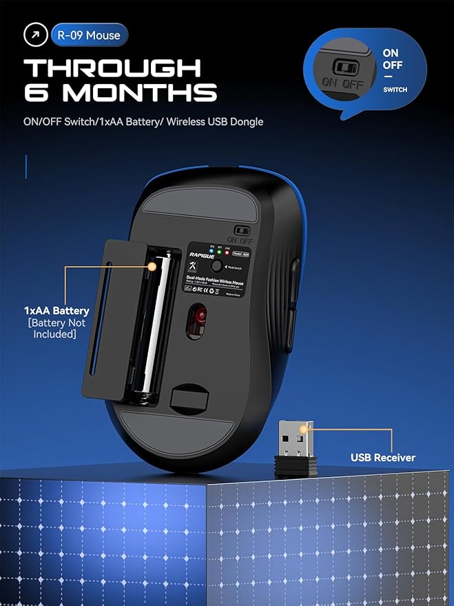 RAPIQUE Bluetooth Wireless Mouse - Dual Bluetooth & 2.4 GHz USB Receiver, Comfortable Grip, Quiet Clicks, Low Power - Multi-Device Compatibility for Laptop, MacBook, Computer, ipad(Gradient Blue)