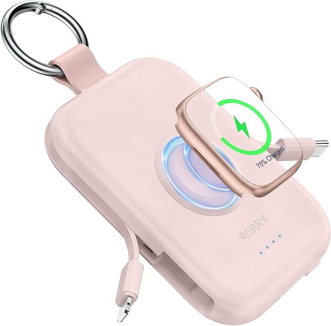 RORRY Portable Charger, 5000mAh Portable Charger Power Bank with Built-in Cables, Travel Keychain Battery Pack for Apple Watch Ultra/11/10/9/8/7/6/SE, iPhone Air/17/16/15/14/13/12, Pink