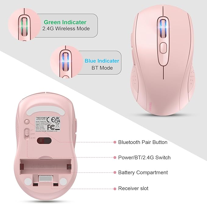 TECKNET Bluetooth Mouse, 4000DPI Wireless Mice for Laptop 2-in-1(BT 5.0/3.0+2.4Ghz) Computer Portable PC Mouse Wireless with USB Receiver for Mac (USB-A+Bluetooth, Pink)