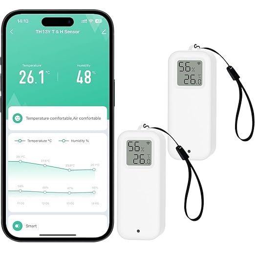 WLAN Thermometer Hygrometer Sensor, Wireless Smart Temperature and Humidity Digital Display Monitor, with Remote App Notification Alert for Home, Greenhouse(2pack)