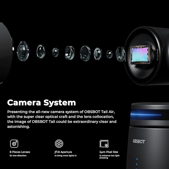 OBSBOT Tail AIR NDI Streaming PTZ Camera,Smart RC Controller,4K AI-Powered Webcam,1.8" CMOS,f/1.8 Aperture,AI Track,Gesture & Remote Control,Wired&Wireless Connection,LiveStream for Church/Music Live