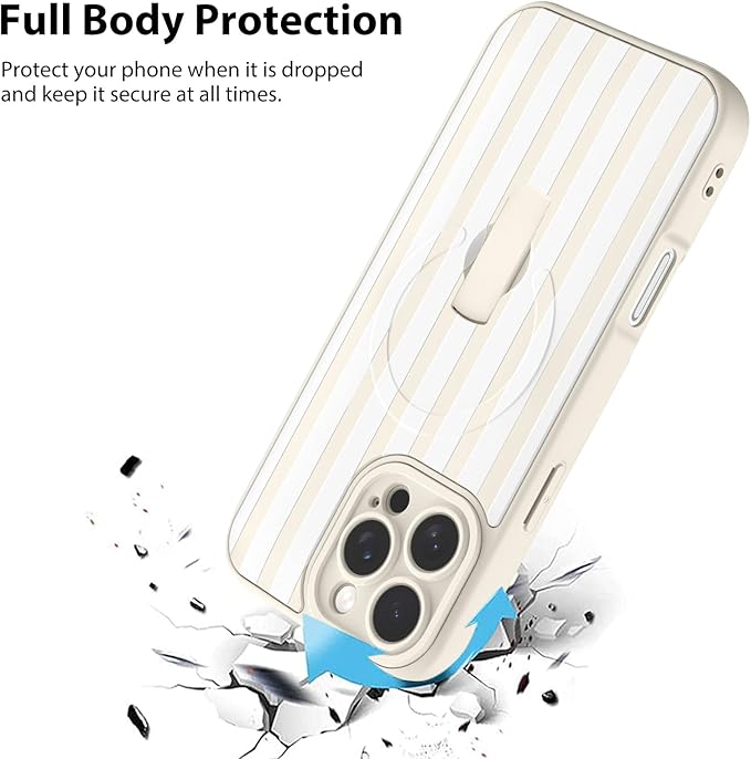 KANGHAR Compatible with iPhone 16 Pro Case, Support for MagSafe, Silicone Stripes Cute Pattern, Wristband Kickstand Camera Protection Soft Slim Cover for Girls Women -White