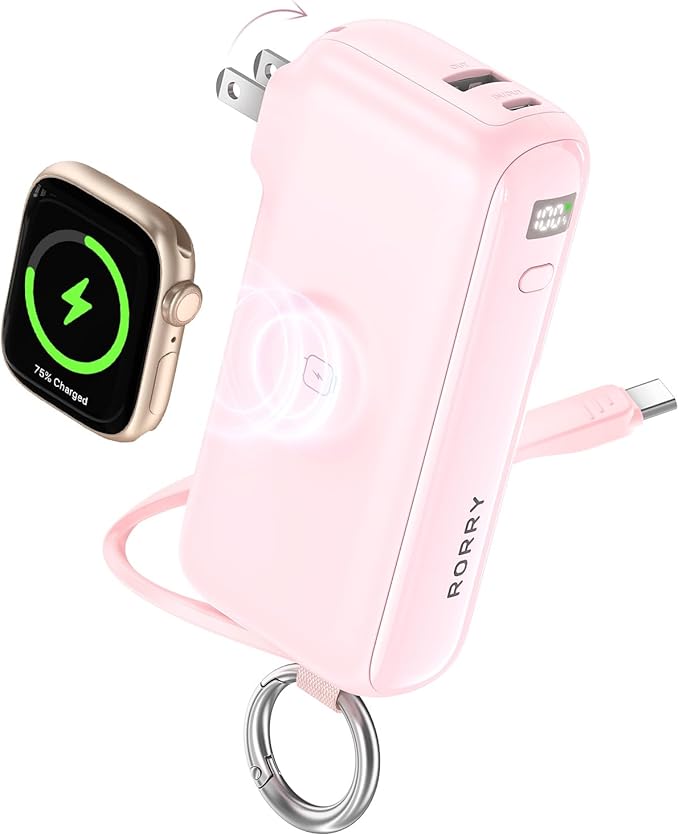 RORRY Flow Portable Charger, 10000mAh 40W Fast Charging Power Bank with Built-in USB C Cable and Foldable Wall Plug, Battery Pack Travel Essentials for iPhone 17/16/15, Apple Watch, iPad, MacBook