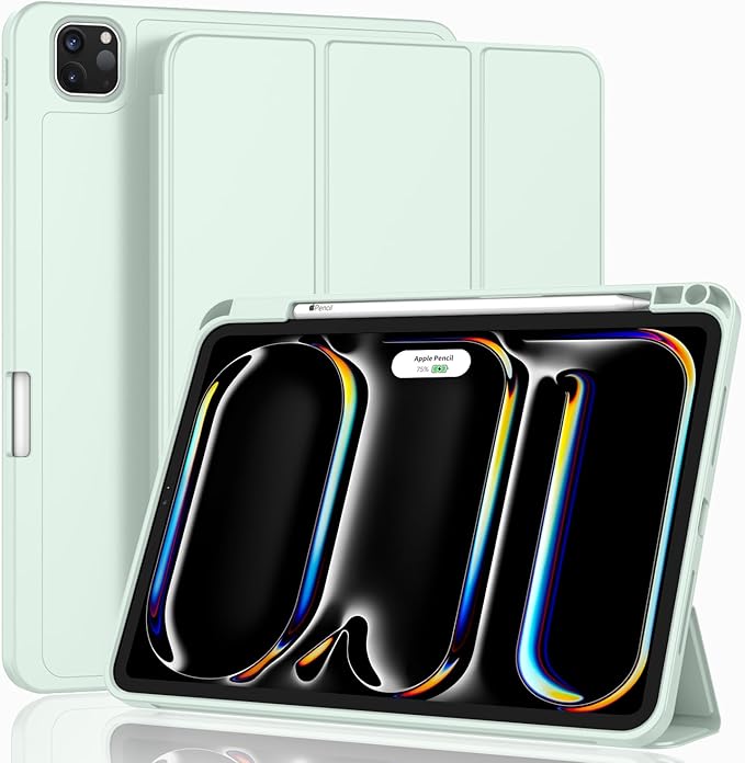 ZryXal New iPad Pro 13 Inch Case (M5) 2025 / (M4) 2024 with Pencil Holder, Smart iPad Case [Support Pencil Pro and Pencil (USB-C)], Support Touch ID and Auto Wake/Sleep (Pale Green)