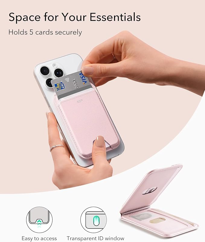 ESR Aura for MagSafe Wallet with Adjustable Stand, RFID Blocking, 5 Card Holder for Phone Case, Slim Magnetic Wallet for iPhone 17e/17/16/15/14/13/12 Series, Not for 13/12 Mini, Bubblegum Pink