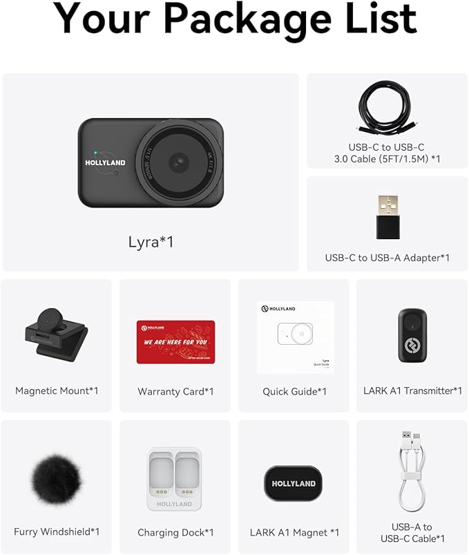 Hollyland Lyra UHD 4K Webcam for PC with Mic, 1/1.5" Sensor, 50MP, Auto Framing, PDAF, Control for Live Streaming, Video Calls, Gaming, Works with Zoom, Teams, Twitch & More