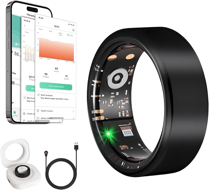Smart Ring Health Tracker for Women Men with Fitness Tracker/Sleep Monitoring/Heart Rate/Blood Oxygen/Blood Pressure/Air Gestures /IP68 Waterproof, No Subscription Required, Charging Case