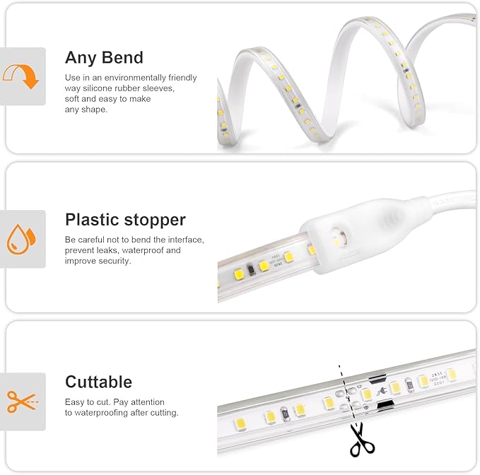 LED Strip Lights Outdoor Waterproof, 600 LEDs, 6500K Cool White, 16.4ft LED Rope Lights for Bedroom, Kitchen, Garden, Patio, Indoor Christmas Decoration, AC 110V (White Light, 16.4 ft)