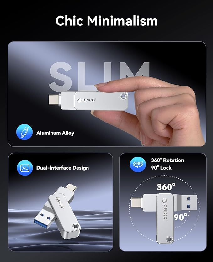 ORICO 64GB Dual USB Flash Drive USB-C & USB-A Mini Thumb Drive Read Speed Up to150MB/s for iPhone 15/16/17, Android, Tablets, Laptops, Mac, Windows Plug and Play-EB05