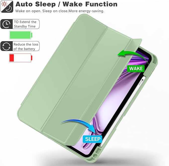 ZryXal New iPad Air 13 Inch Case M3 2025/M2 2024 with Pencil Holder, Trifold Stand Smart Case with Soft TPU Back,Auto Wake/Sleep(New Matcha Green)