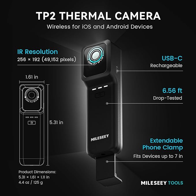 MiLESEEY TP2 Wireless Thermal Imaging Camera for All iPhone, iPad & Android Devices, 512×384 Super Resolution Infrared Camera, 25Hz Detachable Thermal Imager for Electrical, Building, HVAC Detection