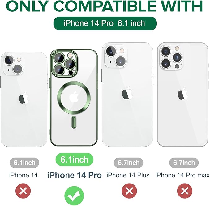 Hython Magnetic Clear for iPhone 14 Pro Case with Camera Lens Protector [Compatible with MagSafe] Luxury Plating Edge Slim Soft TPU Cover Protective Phone Case for iPhone 14 Pro 6.1", Deep Green