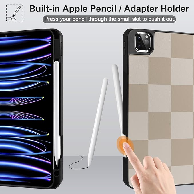 DONGKE Case for 2022/2021/2020/2018 iPad Pro 11 inch Gen 4/3/2/1 - Slim Protective Case - Built in Pencil Holder Support Charging - Trifold Stand & Sleep/Wake Cover- Beige Chessboard