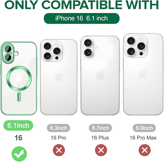 Hython Magnetic Clear for iPhone 16 Case with Camera Lens Protector [Compatible with MagSafe] Luxury Plating Edge Slim Soft TPU Cover Protective Phone Case for iPhone 16 6.1", Light Green