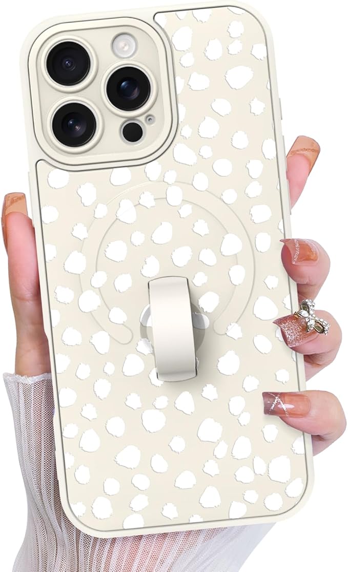 KANGHAR Compatible with iPhone 16 Pro Max Case, Support for MagSafe, Silicone Speck Leopard Cute Pattern, Wristband Kickstand Camera Protection Soft Slim Cover for Girls Women -White