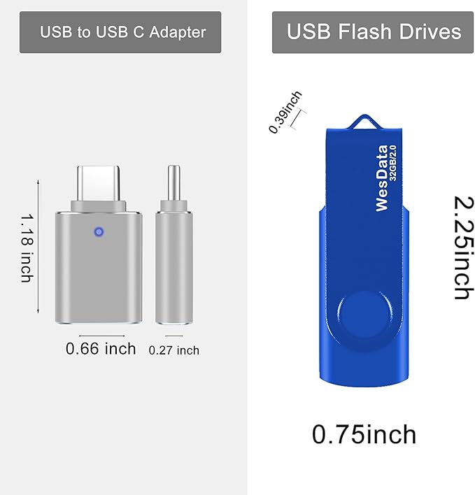 32GB USB 2.0 Flash Drive and 1 USB C Adapter, Thumb Drive USB Memory Stick Jump Drive, Compatible with OTG Type C Phones, Tablets, Laptop, PC (Blue)