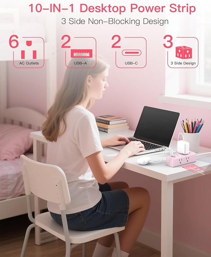 10Ft Extension Cord with Multiple Outlets,Flat Plug Power Strip Surge Protector with 10 Ft Long Cord,6 Outlet 4 USB Ports (2USB C),Multi Outlet Wall Plug for College,Dorm Essentials(Pink)