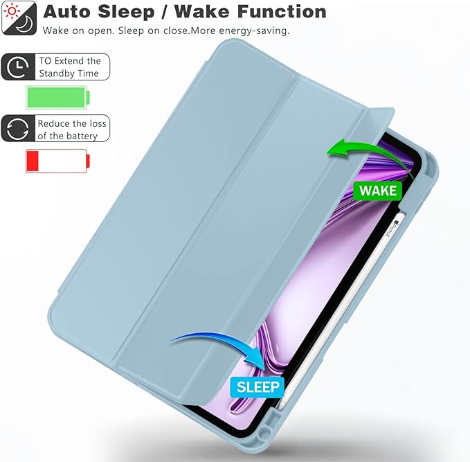 ZryXal New iPad Air 13 Inch Case M3 2025/M2 2024 with Pencil Holder, Trifold Stand Smart Case with Soft TPU Back,Auto Wake/Sleep(Light Blue)