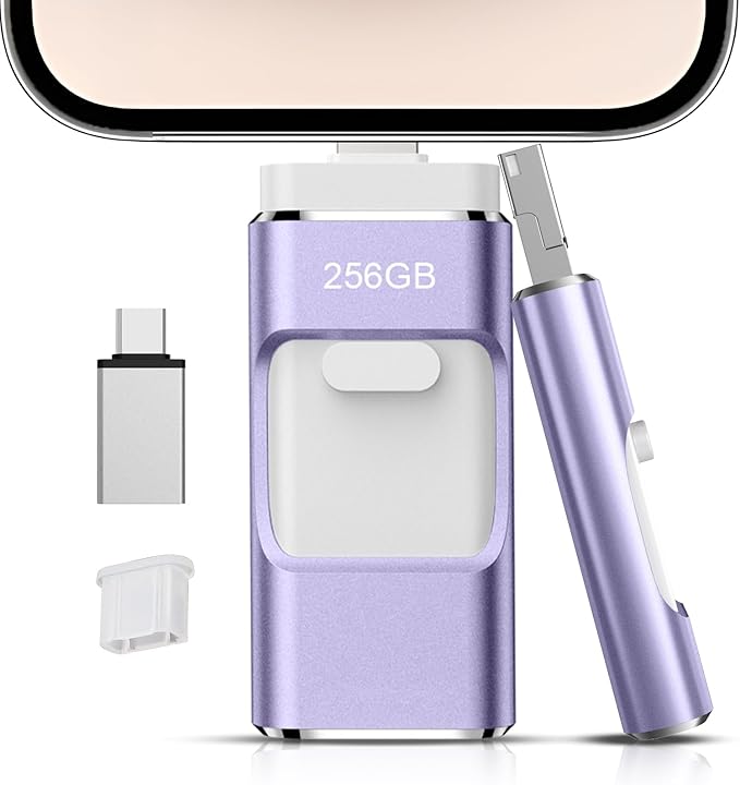 256GB Flash Drive[No App Required] Intended for Phone Tablet Androidphone and Computers, 4 in 1 Photo Stick for Phone Memory Storage Easily Backup Photos Videos（Light Purple）