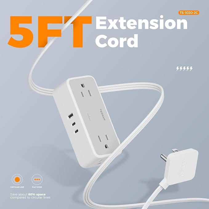 TESSAN Flat Plug Extension Cord 5 FT, Surge Protector Power Strip with 4 AC Outlets 2 USB C and 1 USB A Ports, 900 Joules Protection, Multiple Wall Outlet Extender Suitable for Office Dorm, Grey