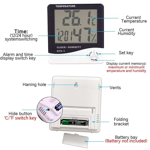 Temperature Humidity Meter,LCD Electronic Digital Outdoor/Indoor Thermometer Hygrometer with Clock Time Humidity Monitor for Home,Bedroom,Pet,Reptile,Plant,Greenhouse,Basement,Guitar (HTC-1)
