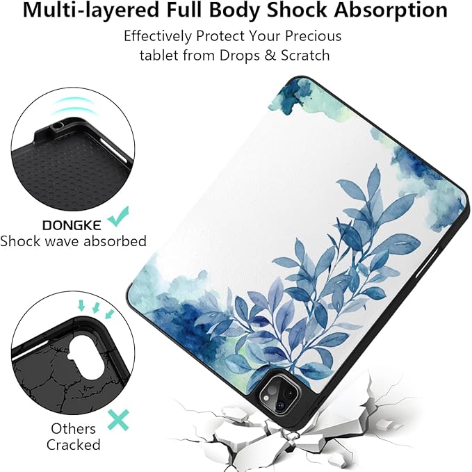 DONGKE Case for 2022/2021/2020/2018 iPad Pro 11 inch Gen 4/3/2/1 - Slim Protective Case - Built in Pencil Holder Support Charging - Trifold Stand & Sleep/Wake Cover - Watercolor Blue Floral