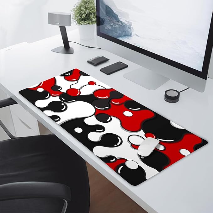Red Black White Mouse Pad XL Large Cool Geometric Japanese Extended Desk Mat 60X35 cm Non-Slip Rubber Base Stitched Edge Large XL Mousepad for Desk Gaming Laptop Desktop,24x14 Inch