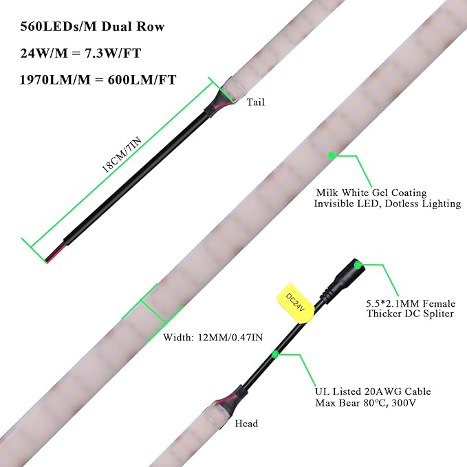 JOYLIT 24V Diffused COB LED Strip Lights Dual Row 16.4FT 560LEDs/M 5000K Daylight White Waterproof, CE UL Professional 640LM/FT Super Bright Dotless Dimmable Adhesive LED Tape 12MM Wide 24W/M CRI 92