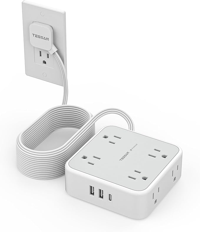 TESSAN Surge Protector Power Strip, 20 Ft Flat Plug Extension Cord with 3 USB (1 USB C) 8 Outlets, 1250W, 900J Protection, 3 Sided Outlet Extender with Power Switch for Office, Dorm Room, Grey