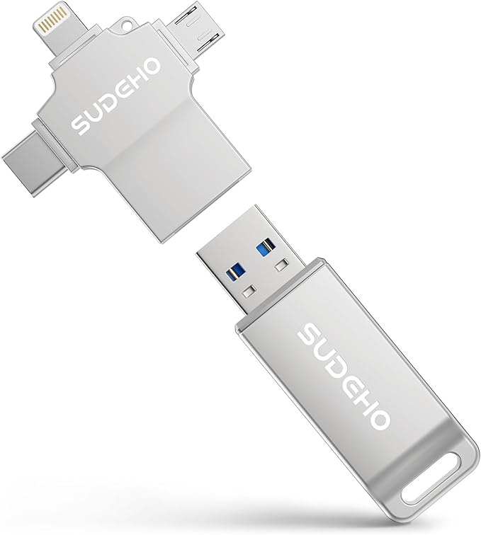 MFi Certified Photo Stick 128GB USB Flash Drive for iPhone, 4 in 1 External Memory Thumb Drive for Picture Video Saver and Backup, High Speed Memory Stick USB Drive for iPhone/iPad/Android/PC (Silver)