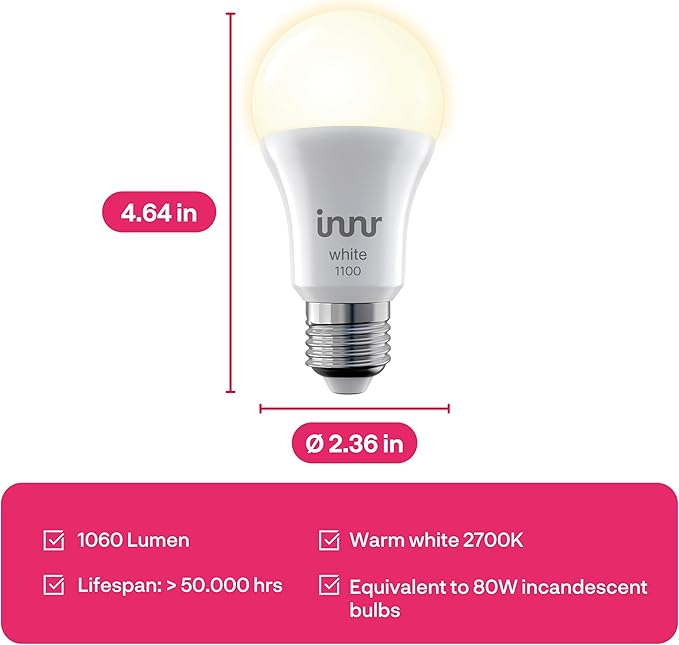 innr Smart Light Bulbs, A19 Zigbee, Works with Philips Hue* and Alexa (Bridge Required), Soft White Light Bulb, Dimmable, E26 LED Bulb 75 Watt, Warm White, 1060lm 1-Pack